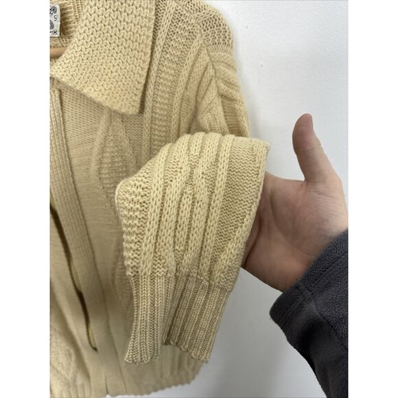 Vintage White Ram Cable Knit Woman M Wool Cardigan Zip Fisherman 70s - Picture 2 of 7